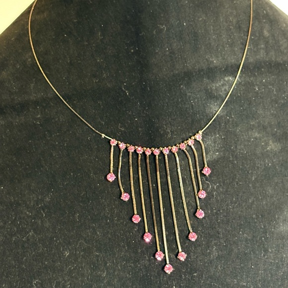 Hot Pink Waterfall Crystal Necklace on Black Metal Chain - Picture 4 of 6
